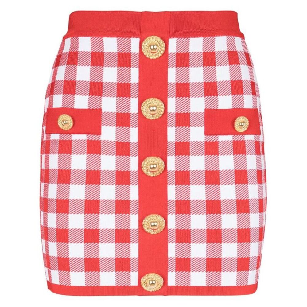 BALMAIN Gingham Button-Front Knit Skirt Women RED Skirts